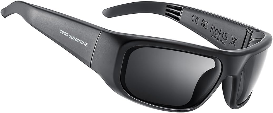 Black open-ear Bluetooth sport glasses with impact-resistant lenses and UV400 protection.