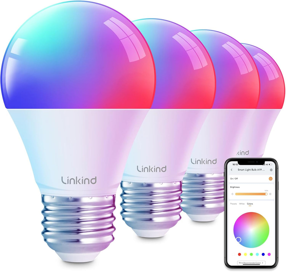 RGB Lighting smart WiFi color-changing LED bulbs with adjustable RGB colors and tunable white light controlled by a mobile app