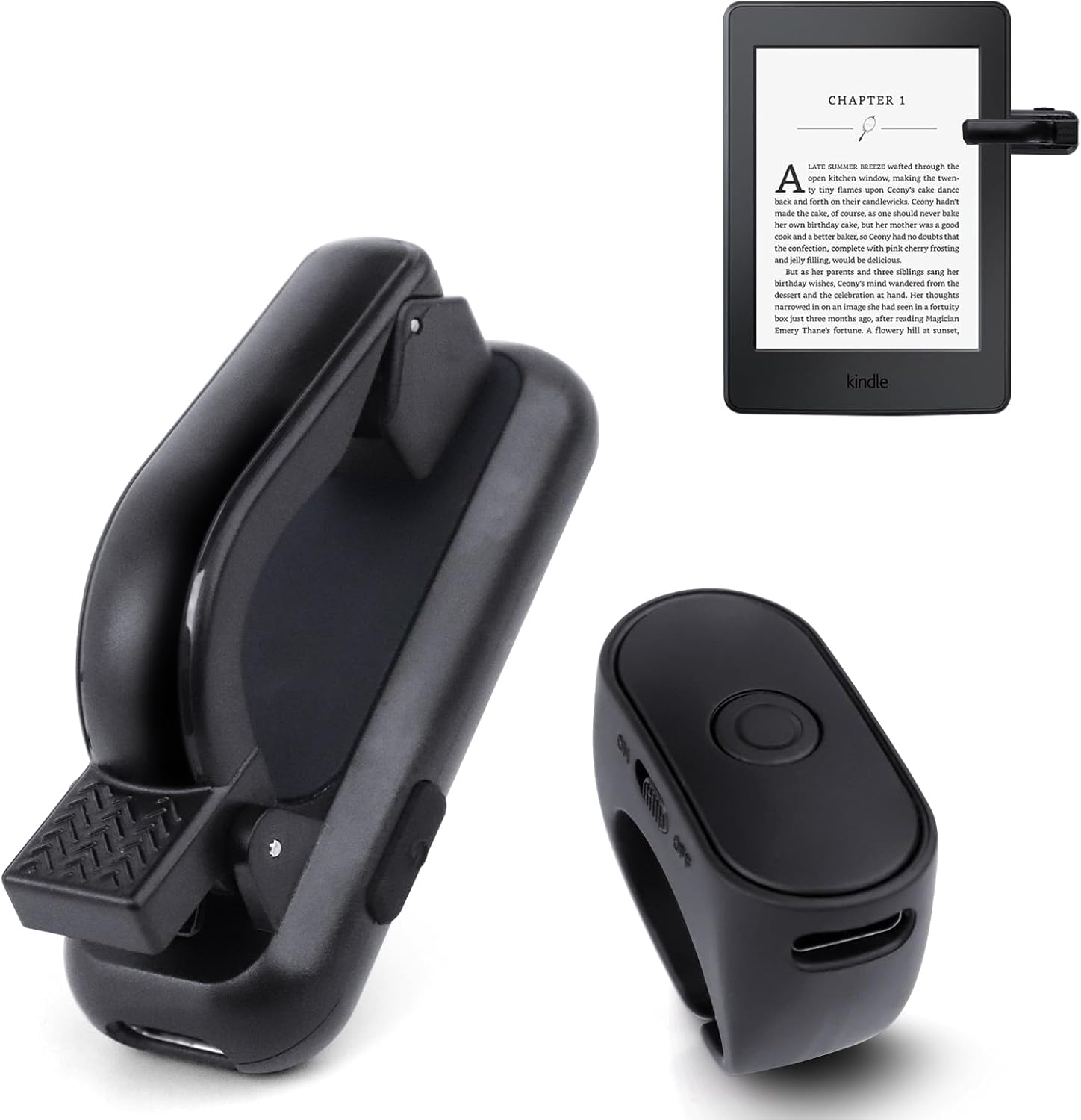 Page Turner remote clipped to an e reader while a relaxed user reads hands free under a blanket.