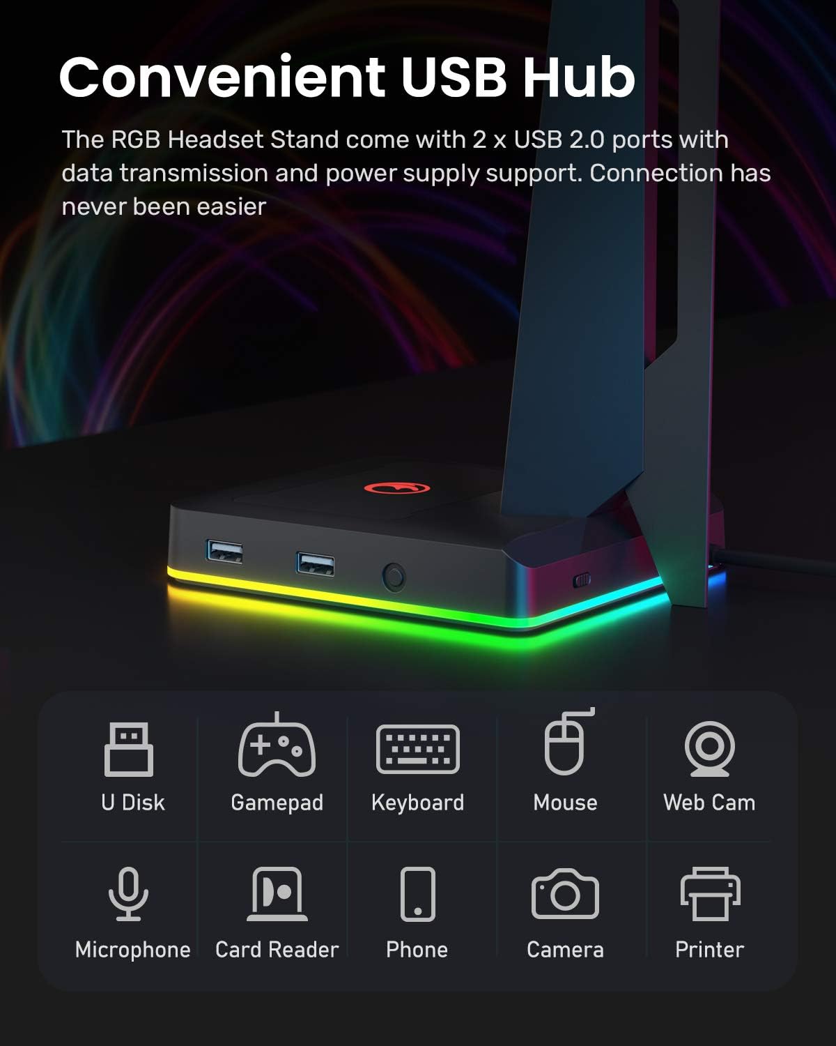 RGB Lighting Gaming Headset Stand USB Hub encalife