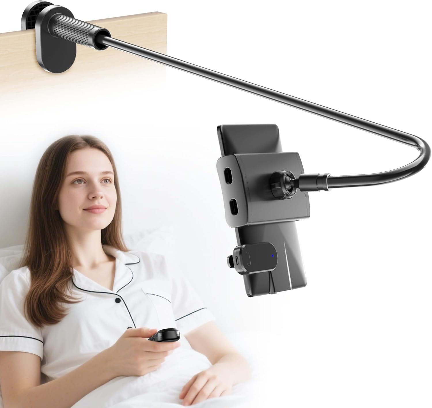 Gooseneck Page Turner stand holds an e reader while the remote turns pages hands free in bed.