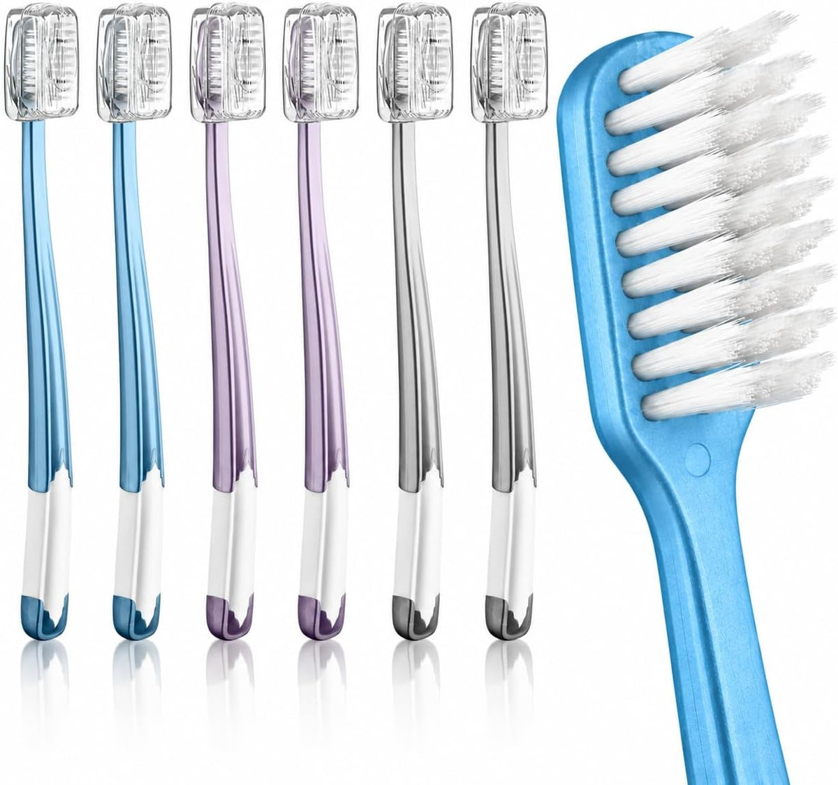 Six soft-bristle manual toothbrushes in blue, purple, and gray with transparent protective travel covers.