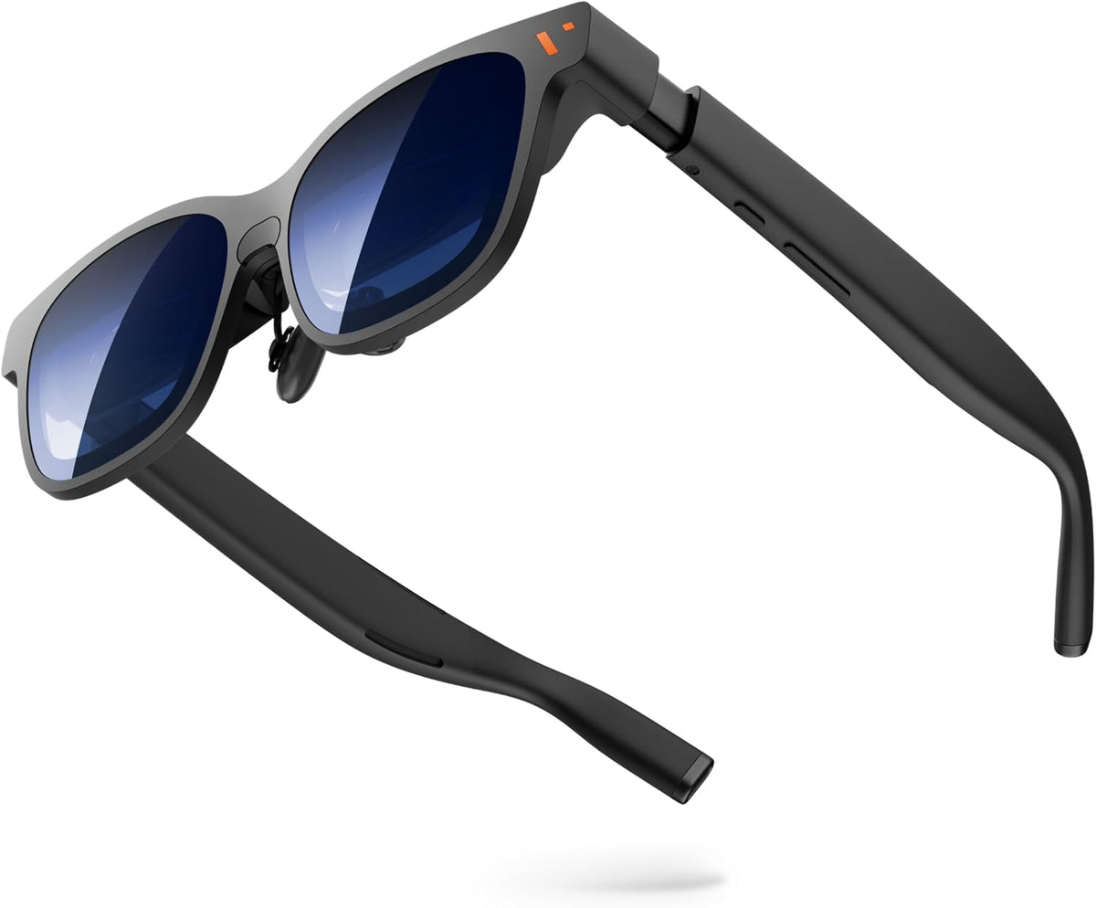 Black XR display glasses with blue-tinted lenses, lightweight frame, and built-in myopia adjustment for immersive virtual-screen viewing.
