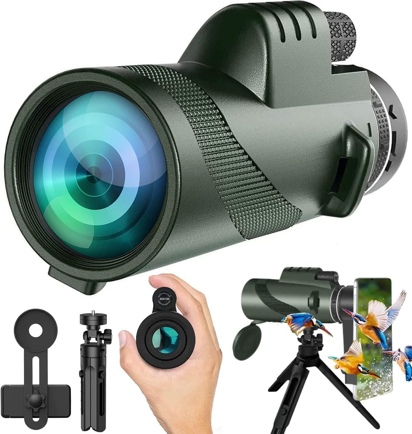 80x100 HD Monocular Telescope with Tripod & Phone Adapter encalife