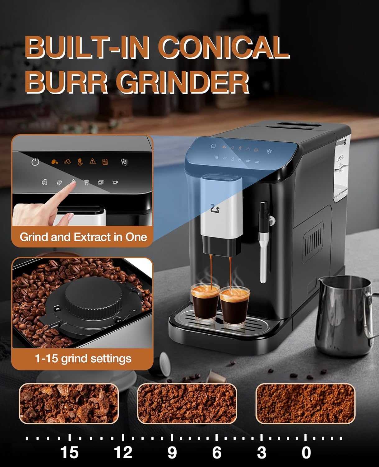 20 Bar Automatic Espresso Machine with Grinder & Frother encalife