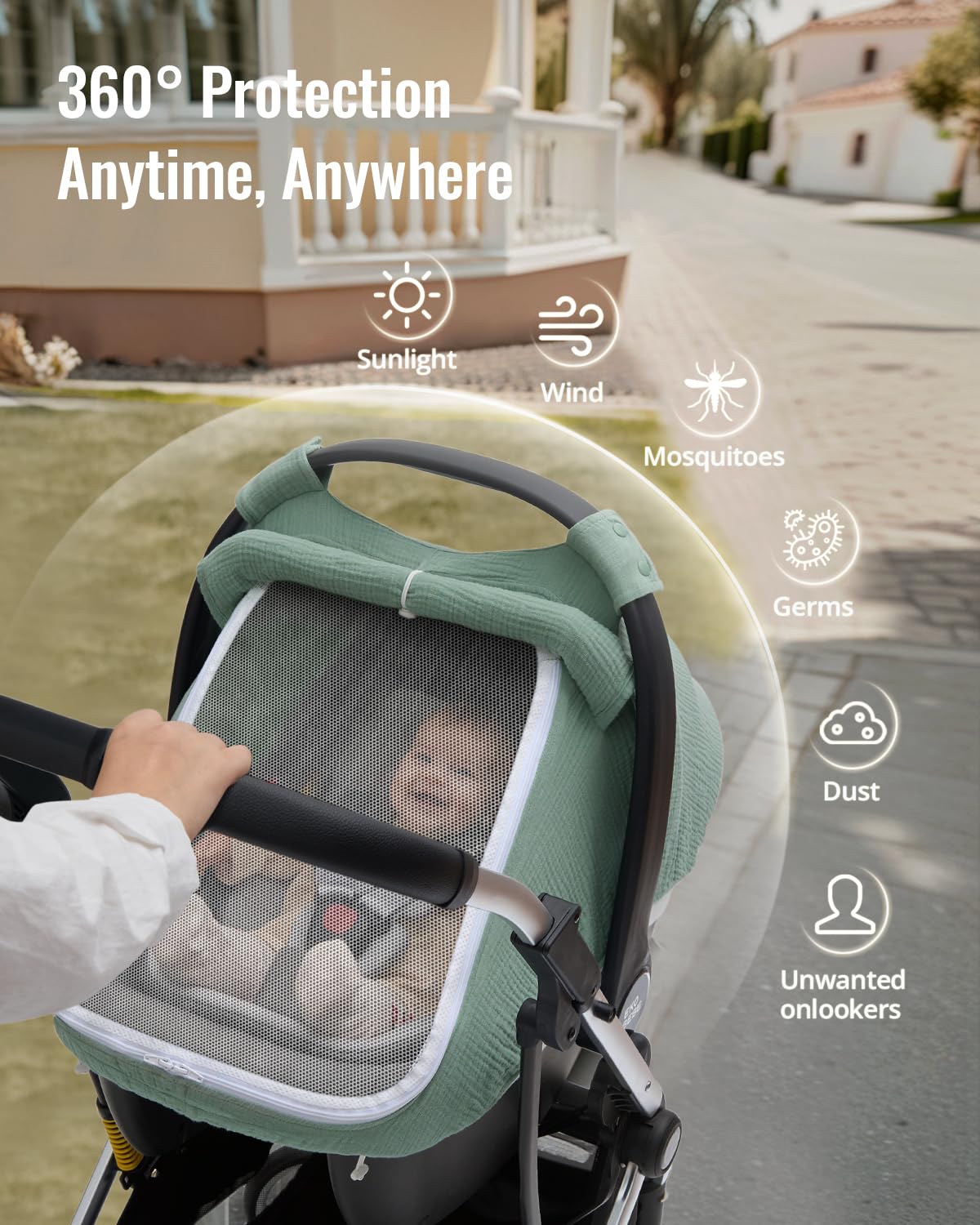 Breathable Baby Car Seat Canopy Cover Muslin Green encalife