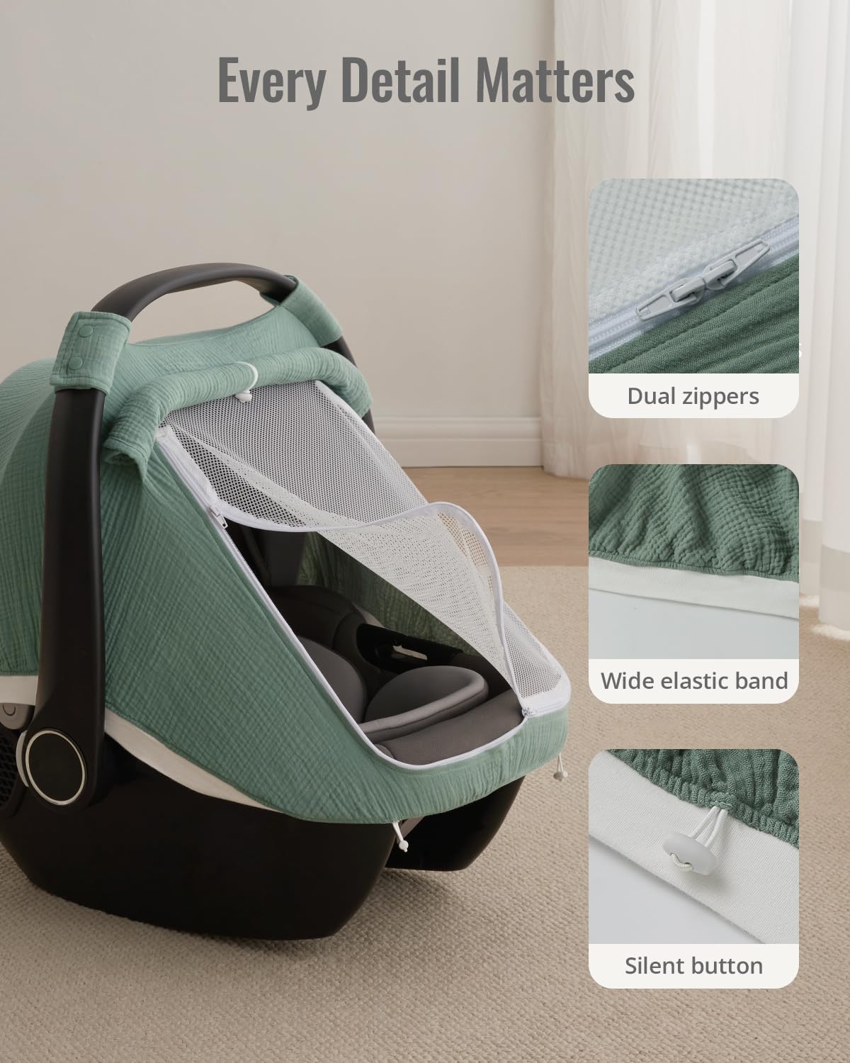 Breathable Baby Car Seat Canopy Cover Muslin Green encalife