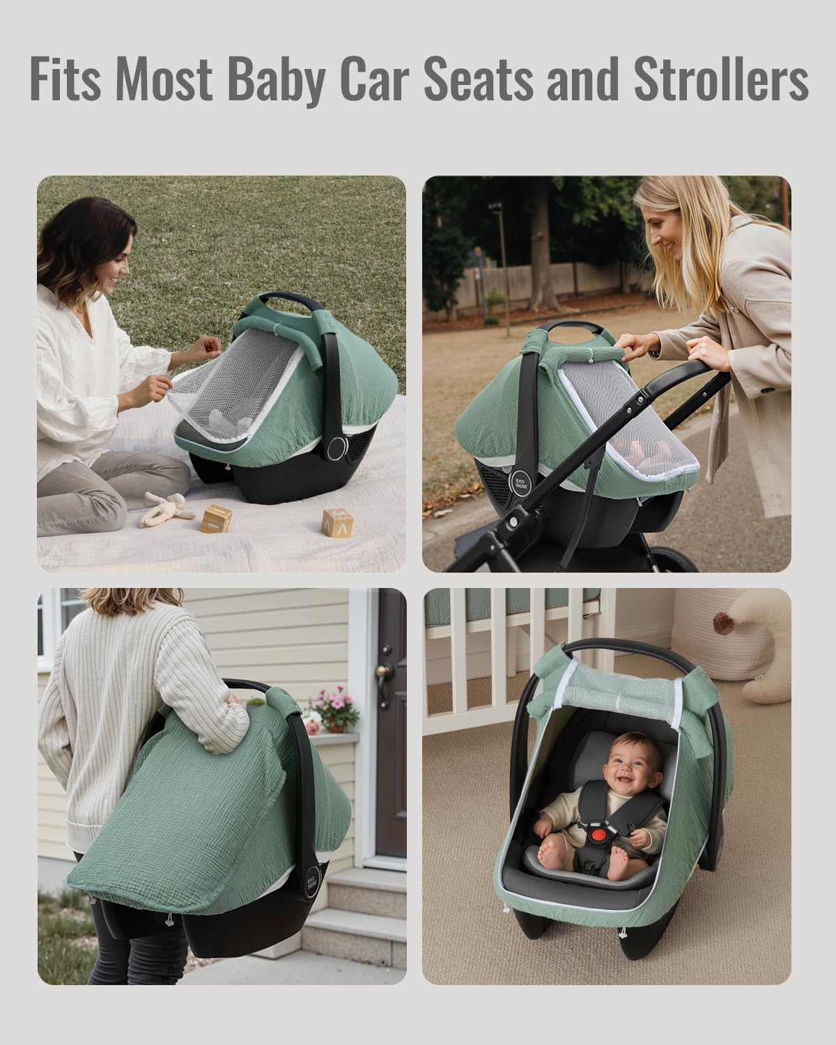 Breathable Baby Car Seat Canopy Cover Muslin Green encalife