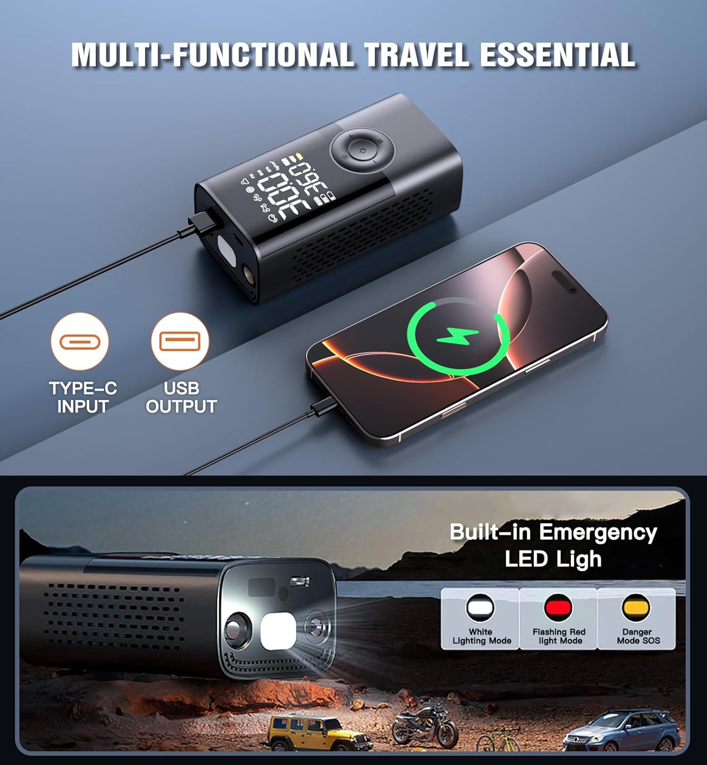 Portable Cordless Tire Inflator With Digital Pressure Gauge encalife