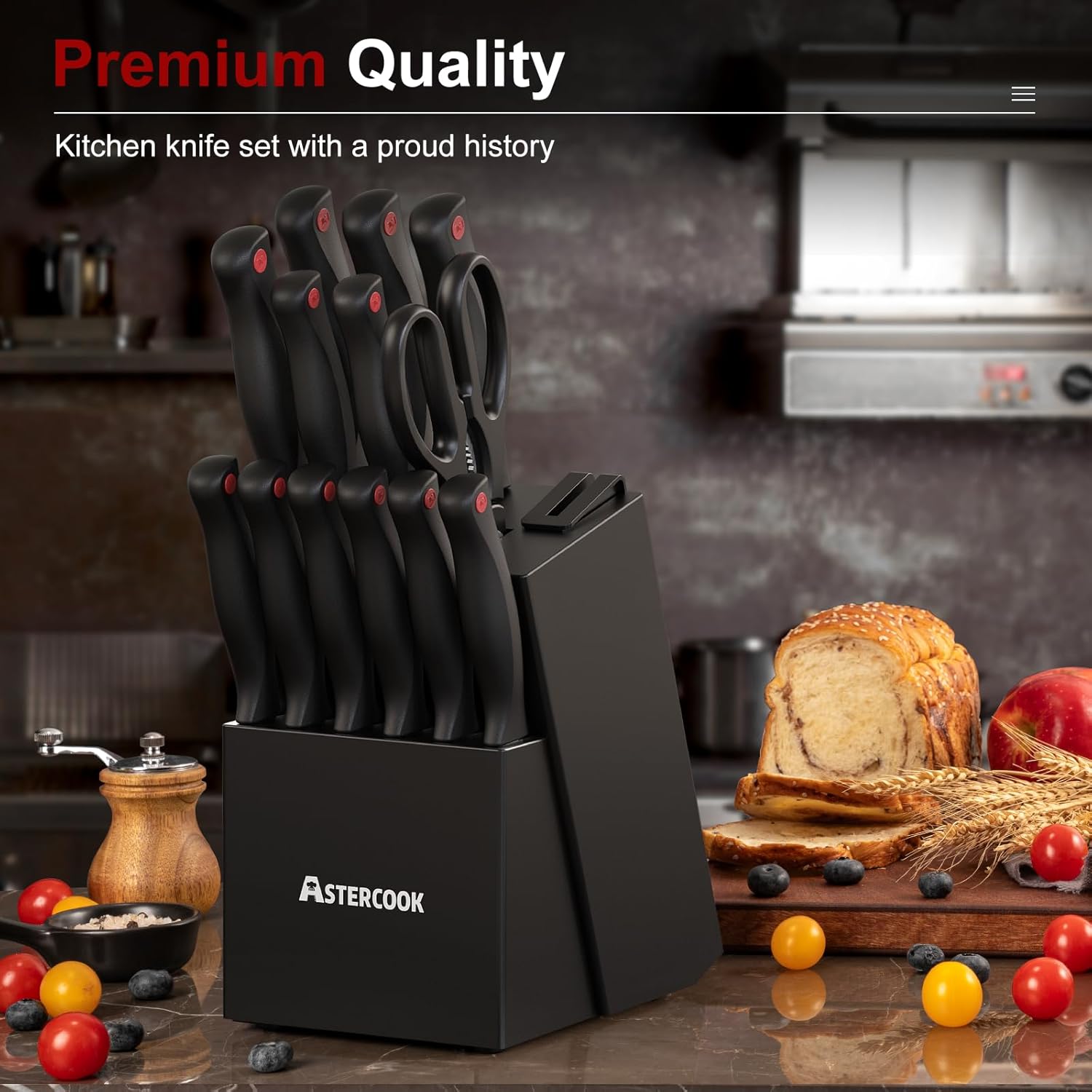 15-Piece Kitchen Knife Set with Block – German Steel, Built-in Sharpener encalife