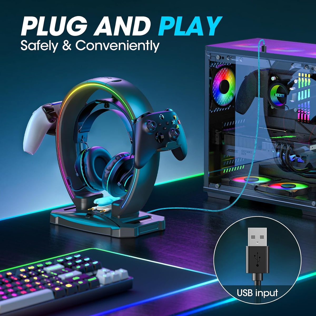 RGB Lighting Headset Controller Stand encalife