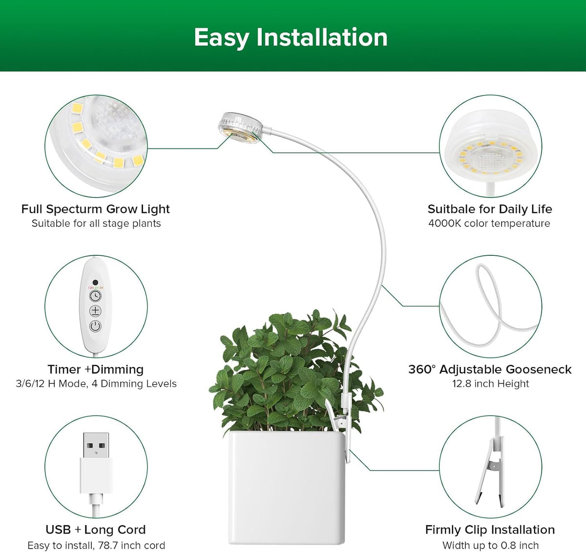 Grow Light For Indoor Plants | Pot Clip Full Spectrum encalife