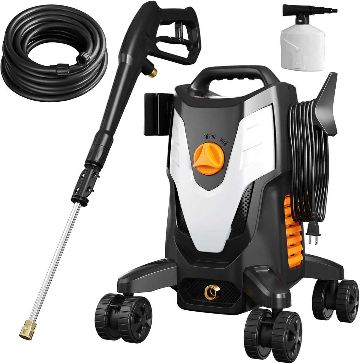 Black and white electric pressure washer with wheels, high-pressure hose, spray gun, four quick-connect nozzles, and foam bottle