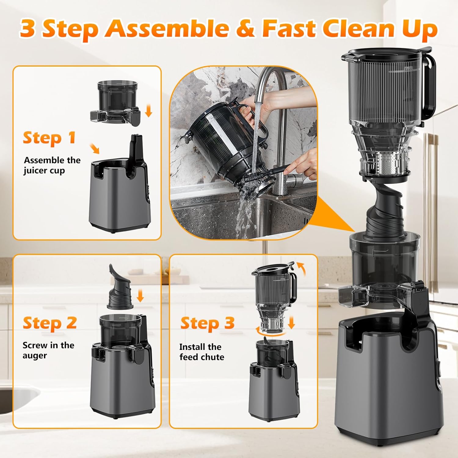EncaLife Cold Press Juicer Machine – 5.8” Feed Chute, 400W Slow Masticating Juicer encalife