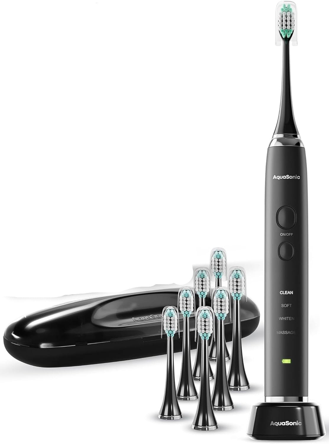 Black rechargeable sonic electric toothbrush with eight brush heads, wireless charging stand, travel case and retail packaging.