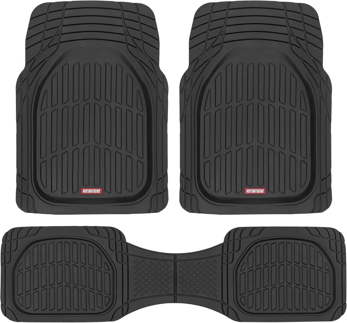 Three-piece black deep-dish rubber car floor-mat set with two front mats and one trim-to-fit rear liner.