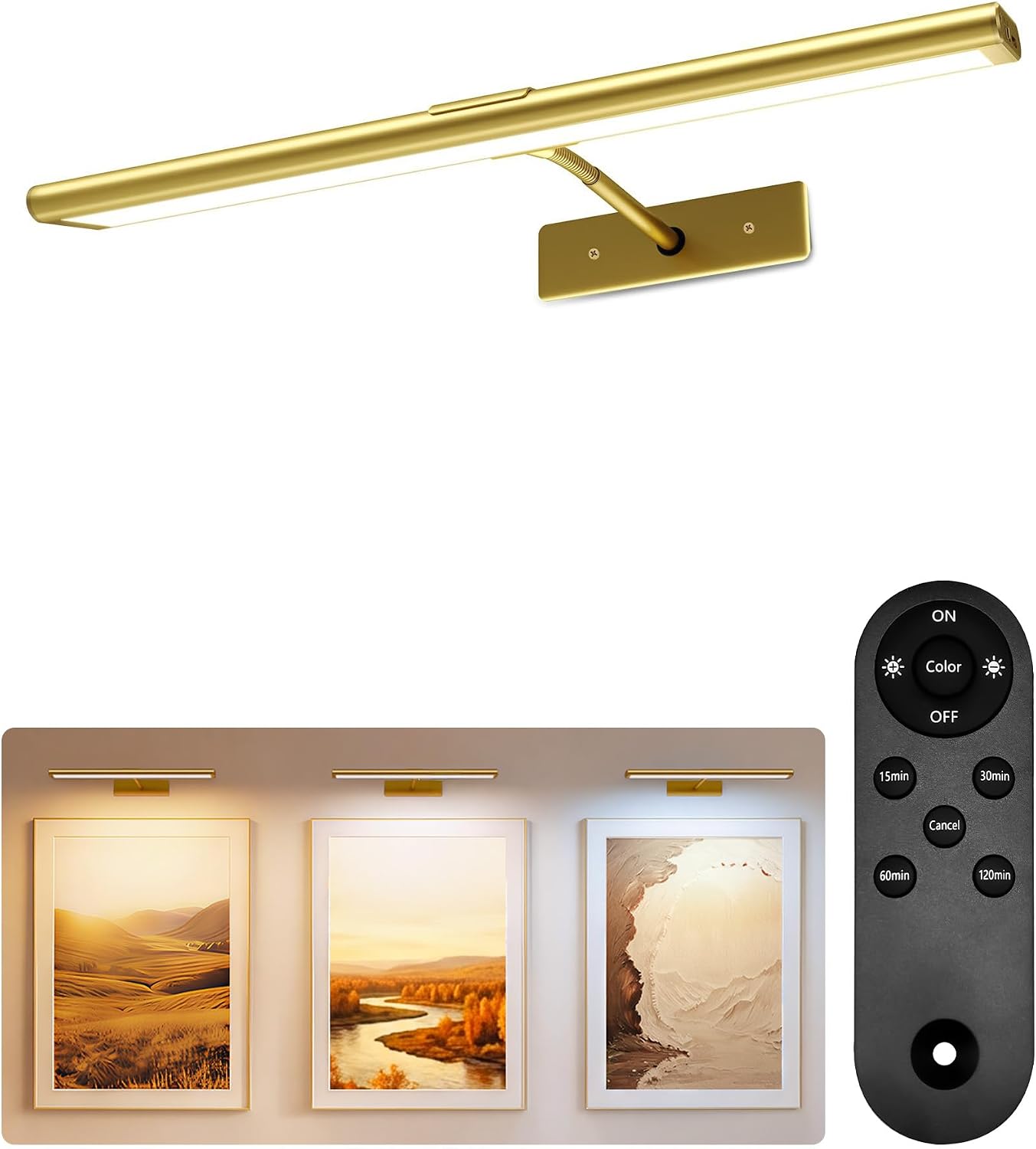 Rechargeable LED wall light illuminating framed artwork