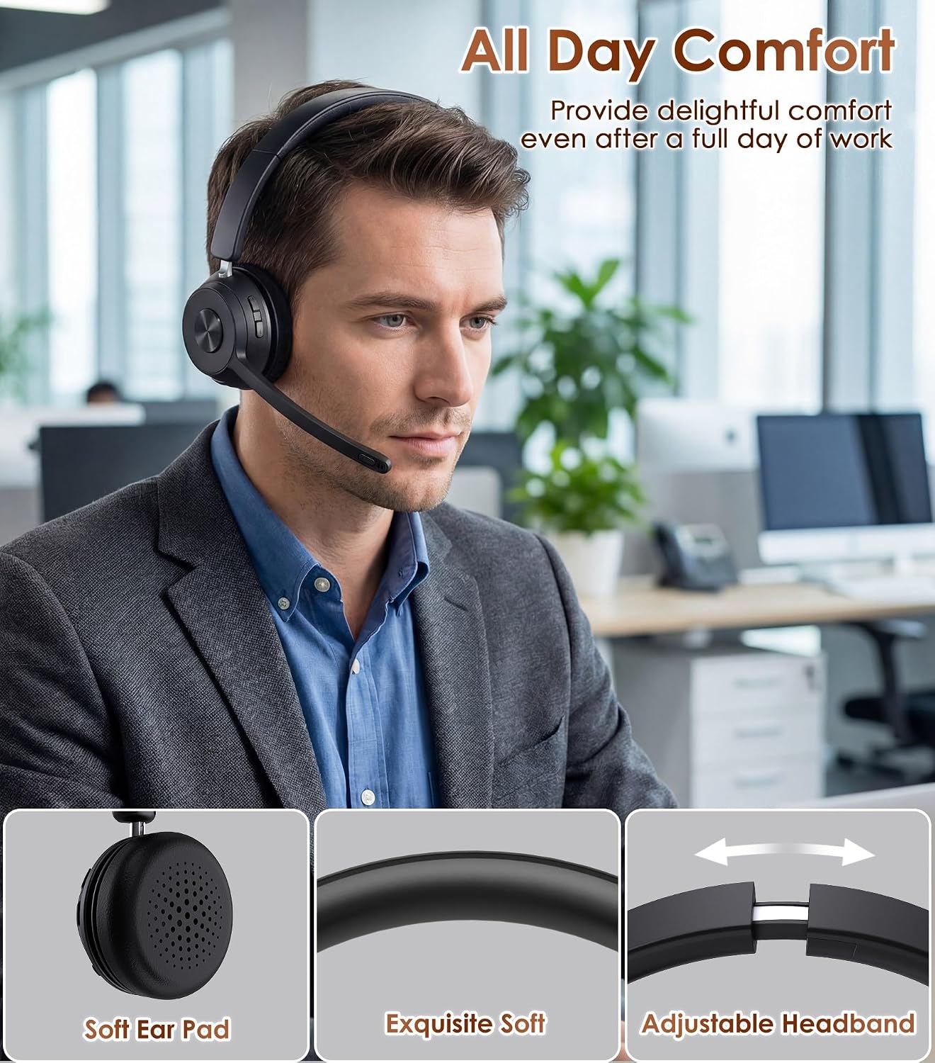 Bluetooth Work Headset Noise-Cancelling Mic USB Dongle encalife