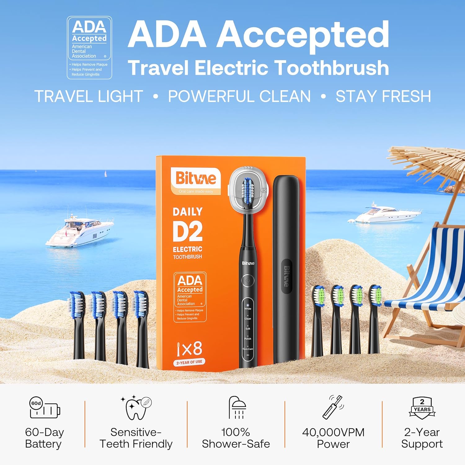 Bitvae ADA Rechargeable Travel Electric Toothbrush encalife