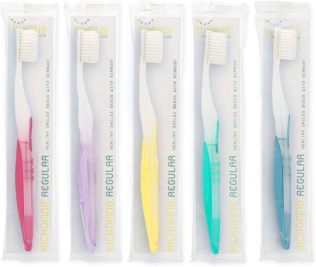 Five individually packaged extra-soft manual toothbrushes in assorted pink, lavender, yellow, teal, and blue colors.