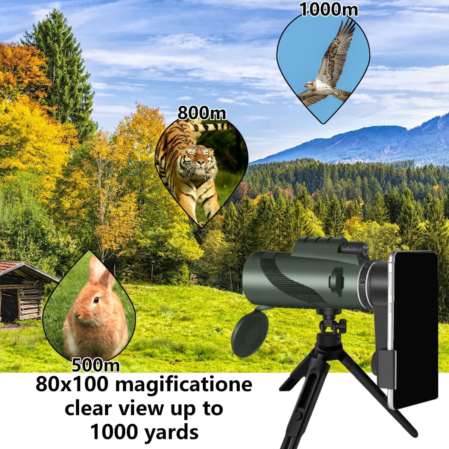 80x100 HD Monocular Telescope with Tripod & Phone Adapter encalife