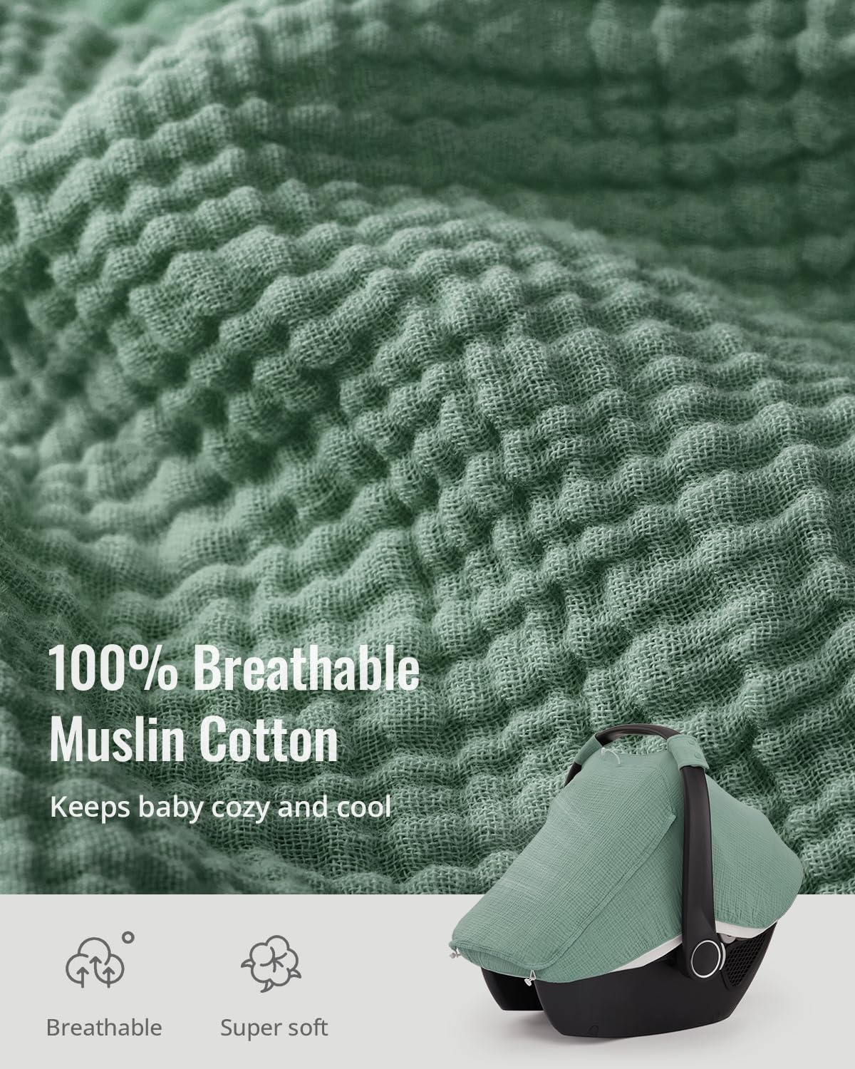 Breathable Baby Car Seat Canopy Cover Muslin Green encalife