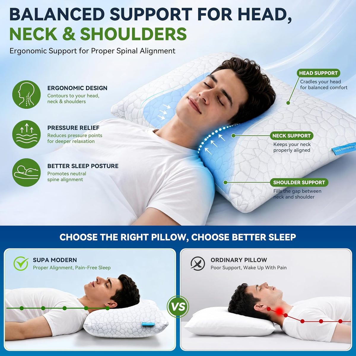 Side Sleeper Cooling Adjustable Memory Pillow encalife