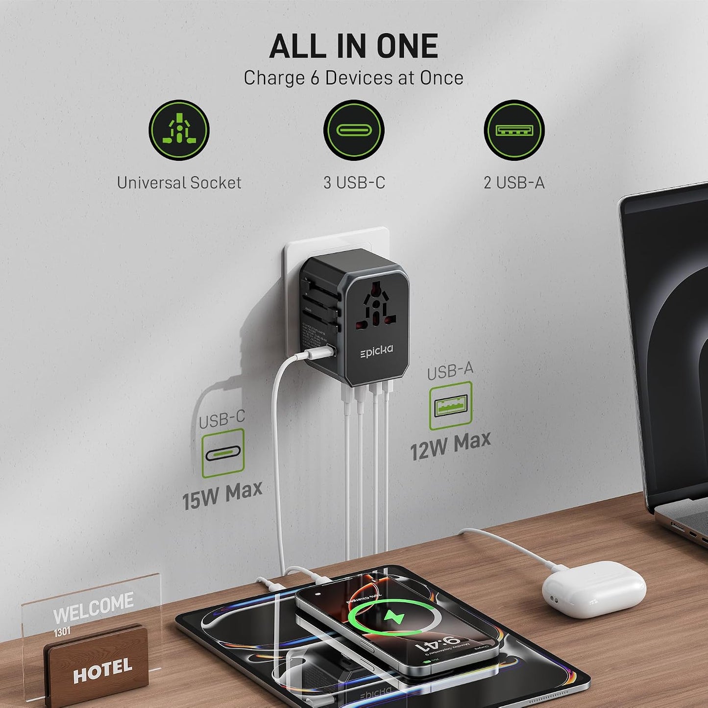 Universal Travel Adapter With Six Charging Ports encalife