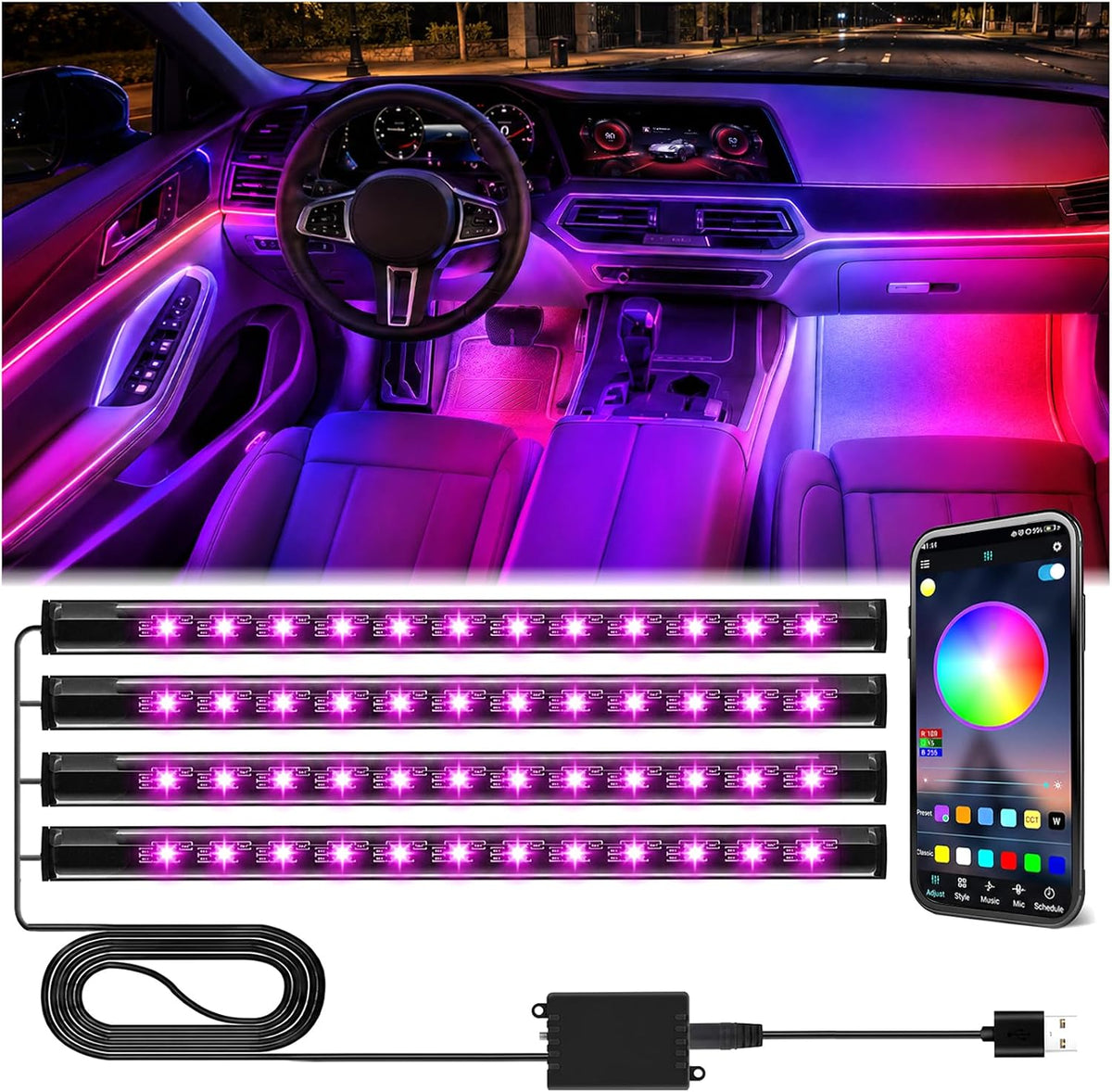 RGB LED car interior ambient light strips creating colorful vehicle lighting