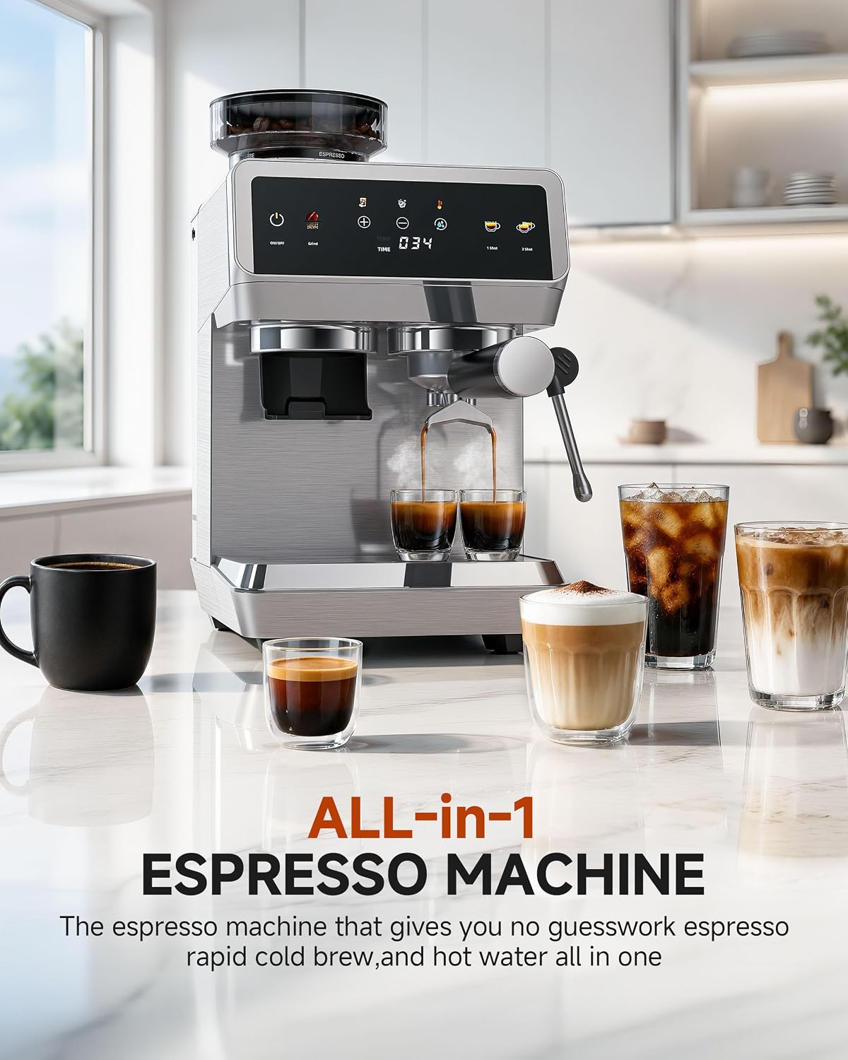Automatic Espresso Machine with Grinder & Cold Brew encalife