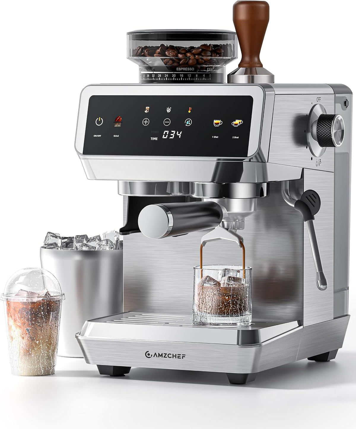 Silver automatic espresso machine with grinder touchscreen and steam wand