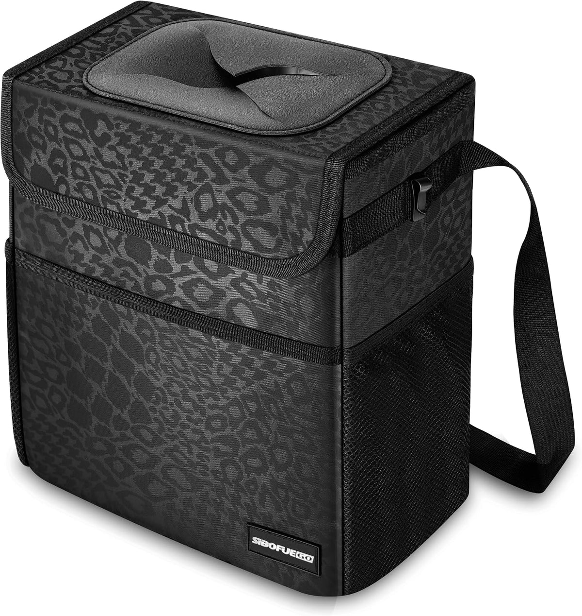 Black patterned collapsible car trash can with lid, adjustable strap, front pocket and side mesh storage pocket.
