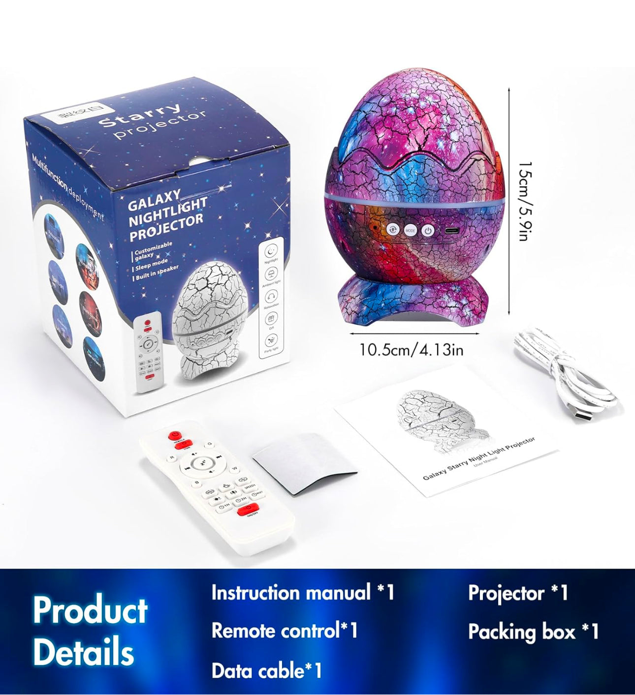 Dinosaur Eggshell Galaxy Star Projector with Soothing White Noise encalife