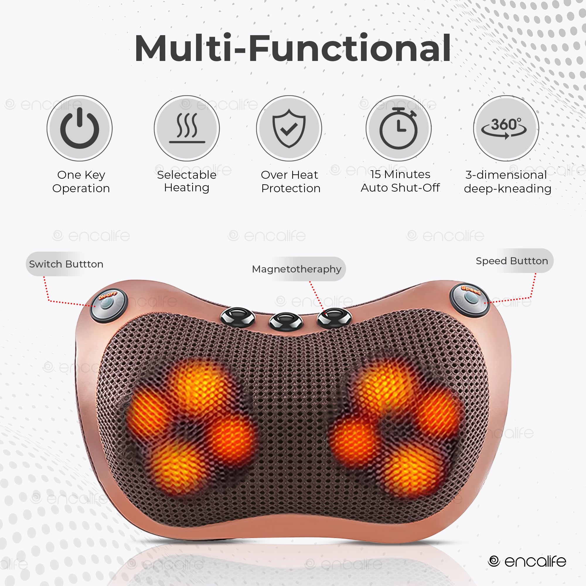Shiatsu Neck & Back Massager (Heated Massage Pillow) encalife