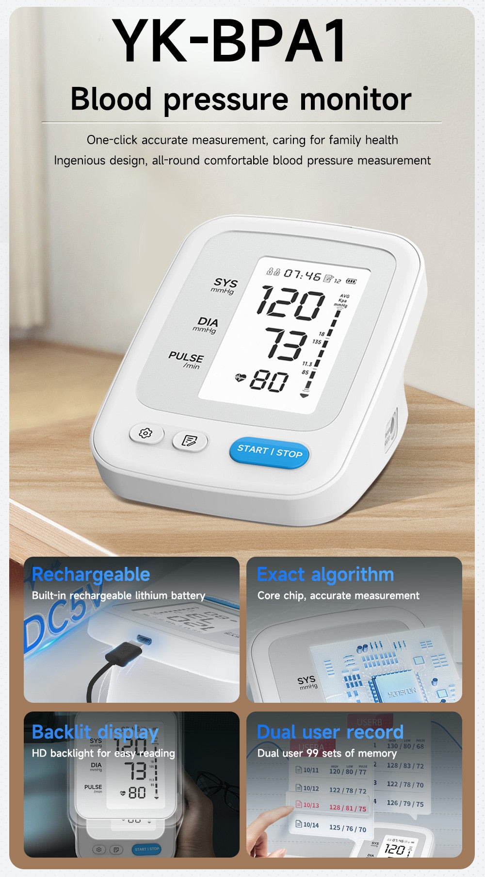 Digital Blood Pressure Monitor | Portable Monitor with LED Display encalife