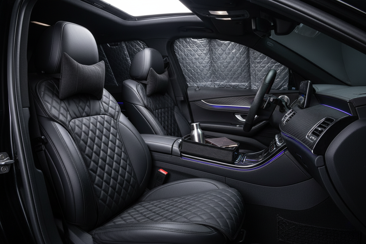 Modern car interior accessories including seat covers, sun shades, organizers, and protection products by Encalife