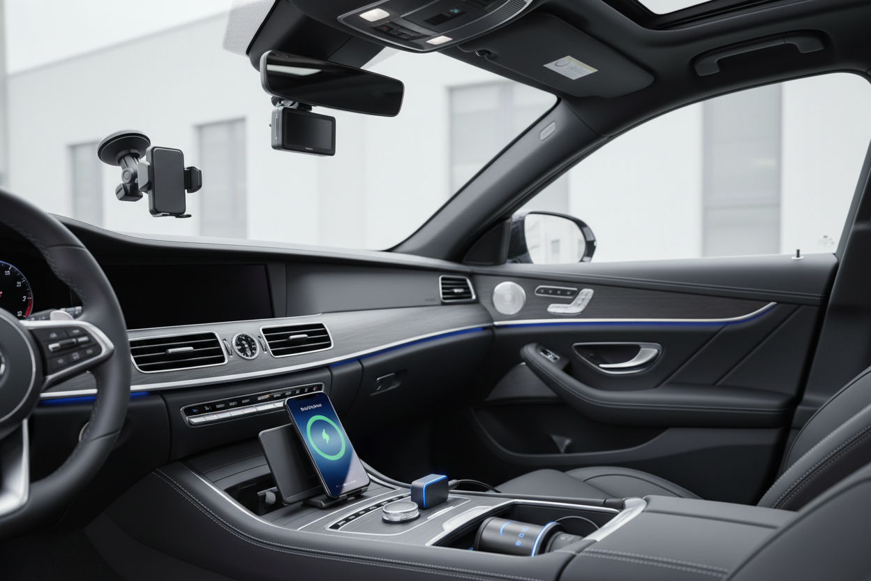 Smart car gadgets inside a modern car interior with phone mount, wireless charger, dash cam and tire inflator.