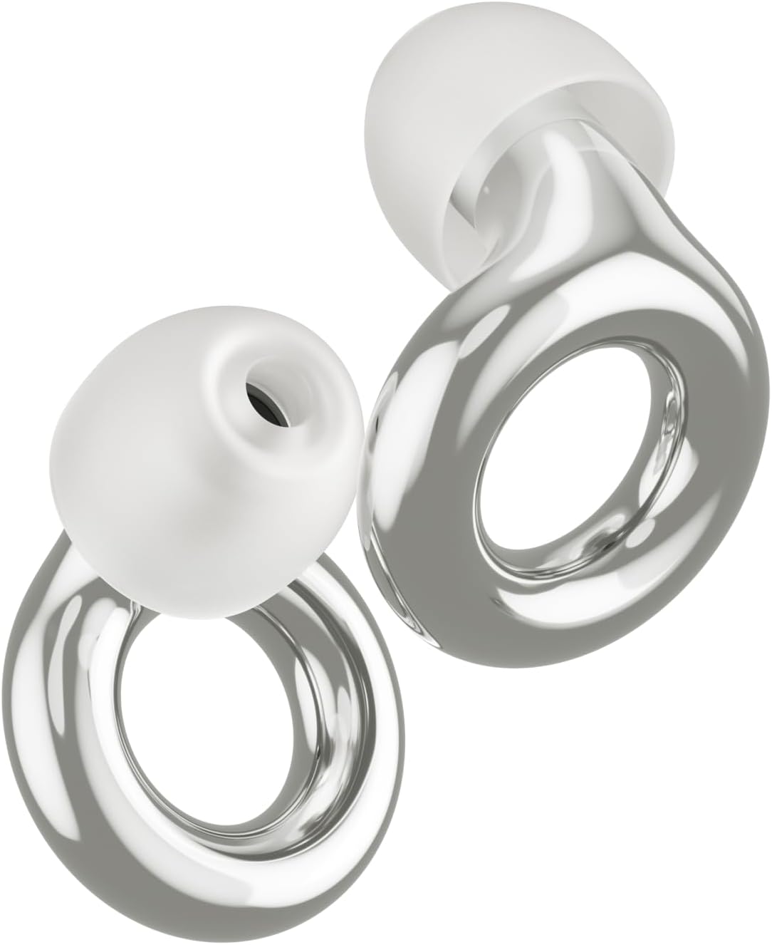 Silver high-fidelity noise-reducing earplugs with soft silicone tips