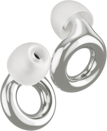 Silver high-fidelity noise-reducing earplugs with soft silicone tips
