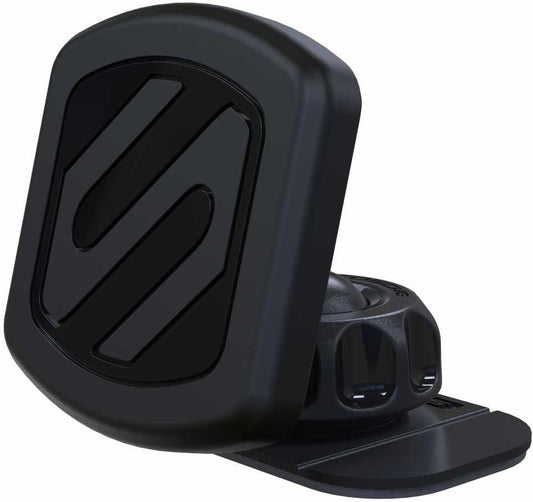 Black magnetic dashboard car phone mount holding a smartphone for navigation