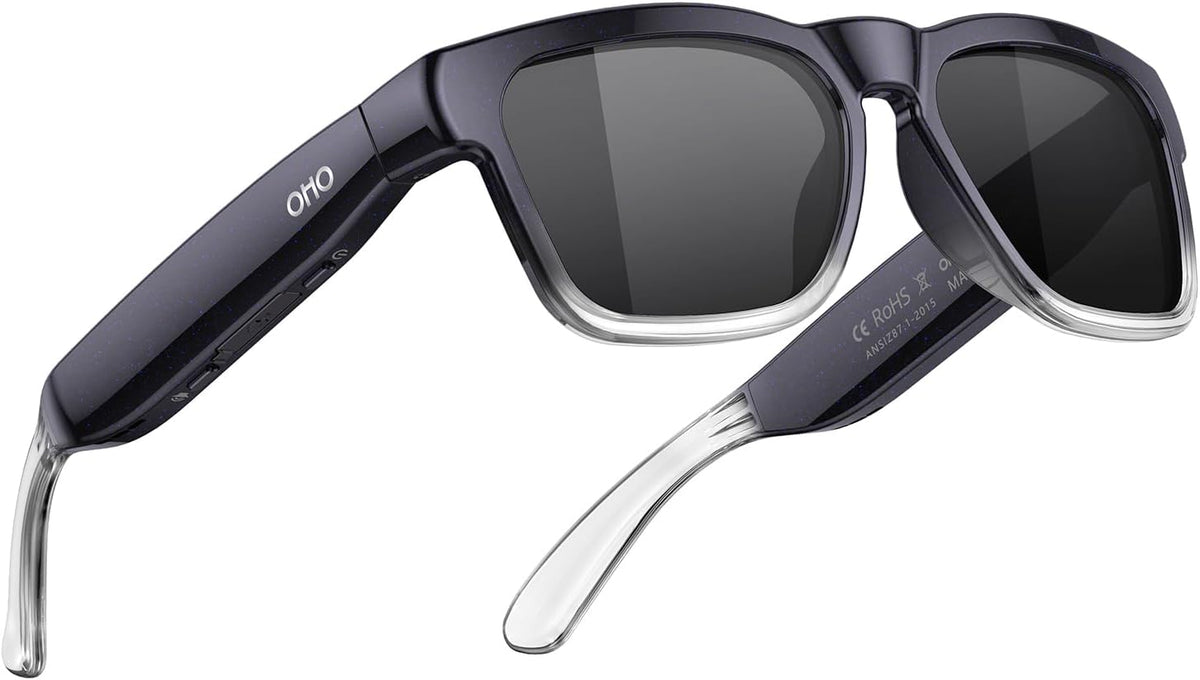 Dark sport-style AI Bluetooth glasses with polarized lenses, translucent temple tips, and open-ear audio design