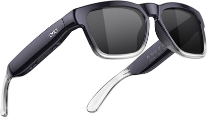 Dark sport-style AI Bluetooth glasses with polarized lenses, translucent temple tips, and open-ear audio design