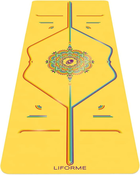 Eco-friendly non-slip travel yoga mat with alignment guide and natural rubber construction for yoga, stretching, and fitness workouts.
