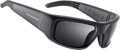 Black open-ear Bluetooth sport glasses with impact-resistant lenses and UV400 protection.