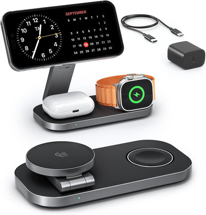 Foldable Qi2 25W three-device charging station in Matte Black