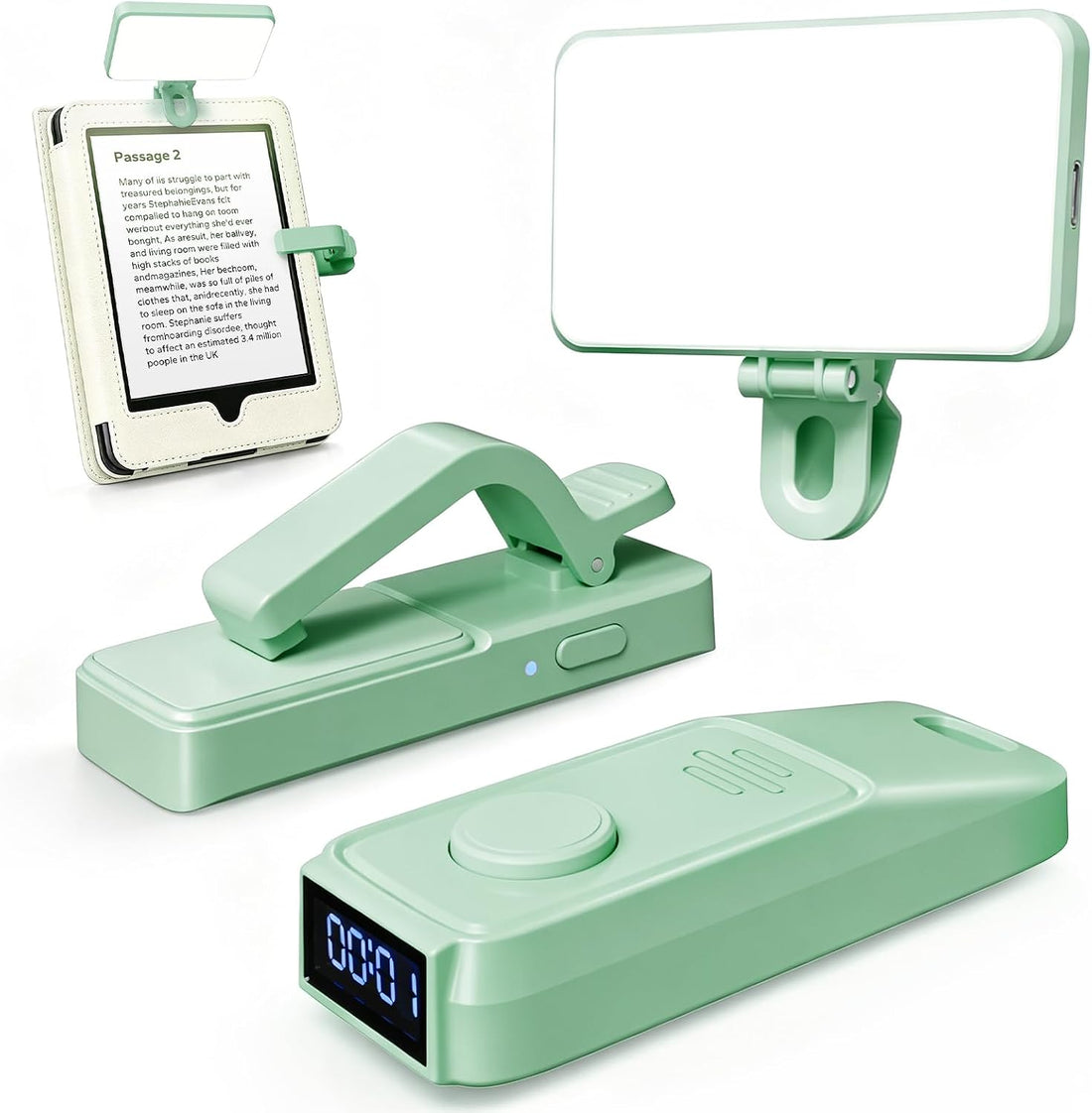 Green Page Turner with reading timer and book light helps users read hands free on Kindle, Kobo, or tablets.