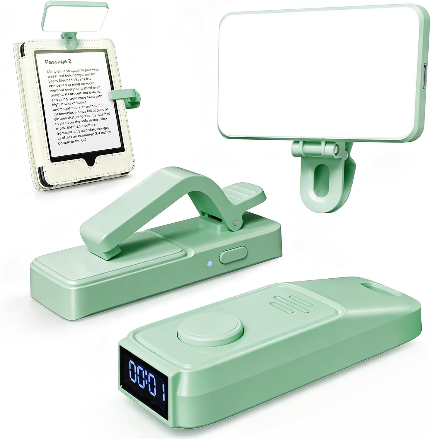 Green Page Turner with reading timer and book light helps users read hands free on Kindle, Kobo, or tablets.