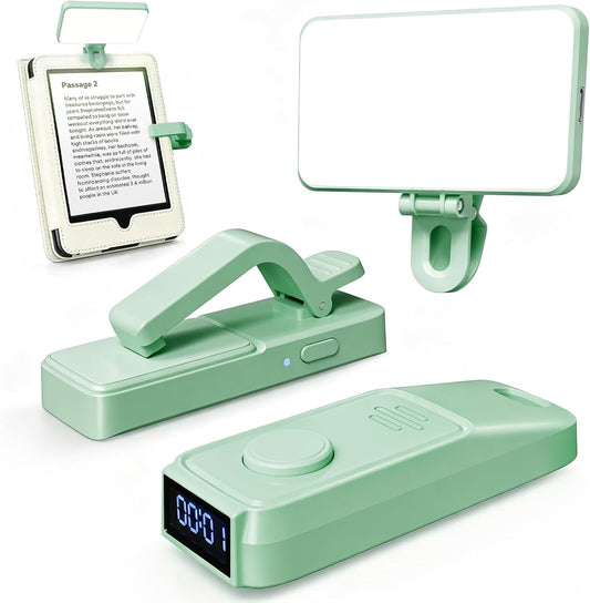 Green Page Turner with reading timer and book light helps users read hands free on Kindle, Kobo, or tablets.