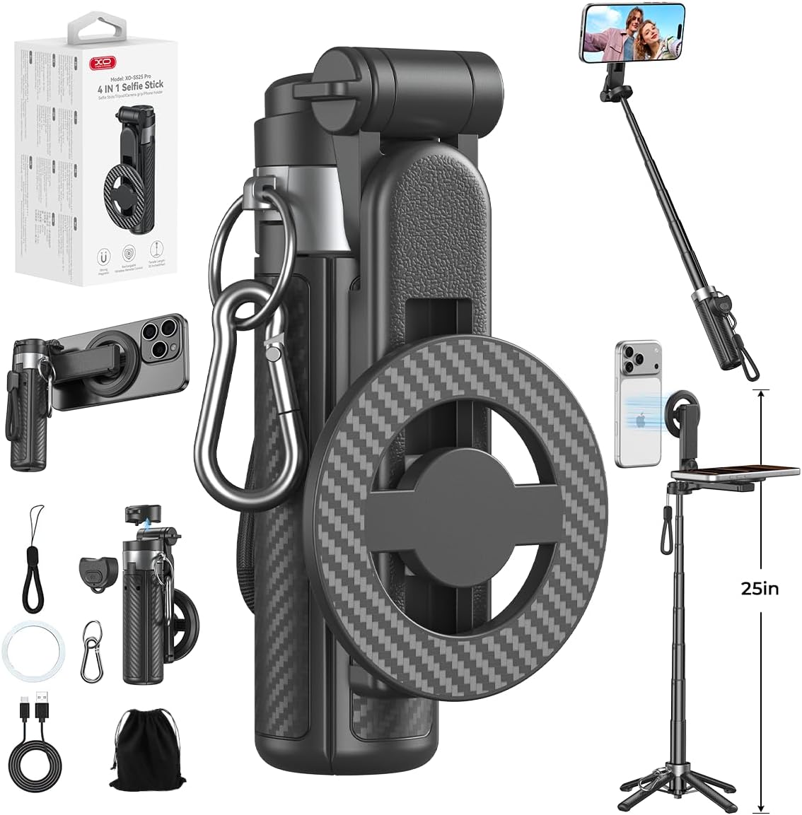 5-in-1 magnetic selfie stick tripod with rechargeable remote