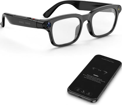 Black AI camera smart glasses with clear lenses, integrated camera, and connected smartphone interface.